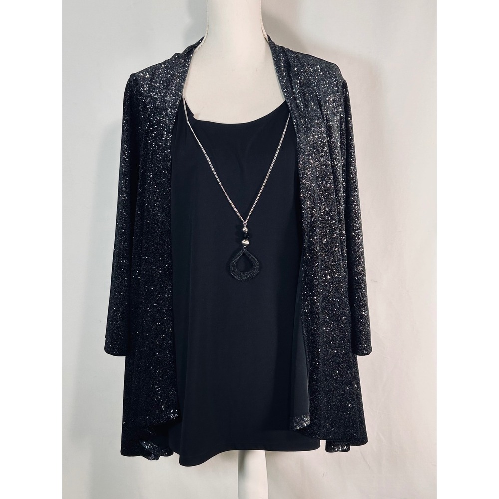 Black Shimmer Metallic Cardigan and‎ Shell Set with Statement Necklace 2PC Set